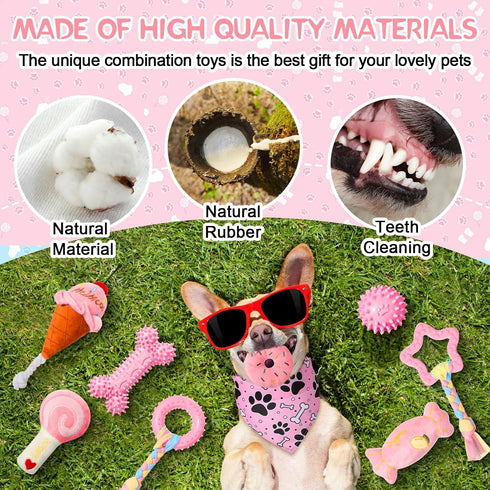 14 Pack Puppy Teething Toys - Chew Toys for Small Dogs - Pink Dog Stuff with Soft Rubber Balls and Colorful Ropes