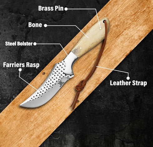 Handmade Cowboy Skinning Hunting Knife with Leather Sheath - Outdoor Camping Hiking Rasp Knife - Stainless Fixed Blade