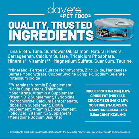 3 oz (24 Pack) Dave's Pet Food Grain Free Wet Cat Food (Tuna & Salmon in Aspic), Naturally Healthy Canned, Added
