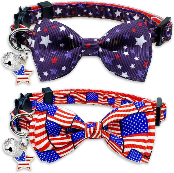4th of July Cat Bow Tie Collar with Bell - Patriotic USA Flag Collars for Male and Female Cats