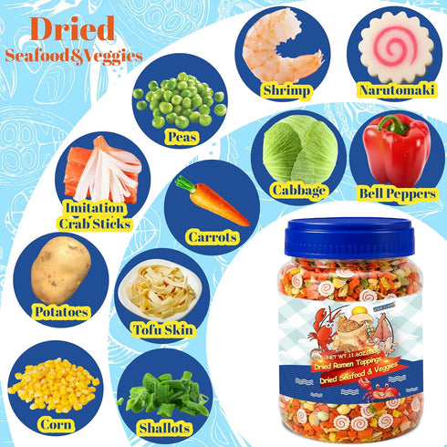 11.6oz 11 Dried Ramen Toppings Mixed Dehydrated Seafood & Vegetables with Shrimp, Crab & Fishcake, Freeze-Dried Veggies
