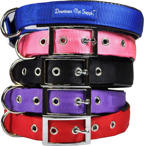 Downtown Pet Supply Deluxe Padded Adjustable Dog Collar - Blue, L - Metal Buckle & D-Ring, Machine Washable & Water