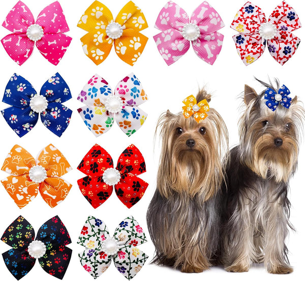PET SHOW Bowknot Dog Hair Bows with French Barrette Clips - Pack of 10 Grooming Accessories for Yorkie, Teddy, Puppies
