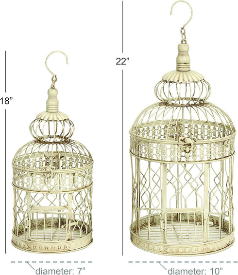 Deco 79 Metal Round Birdcage Set of 2, 22" & 18"H, with Latch Lock Closure and Hanging Hook, Cream