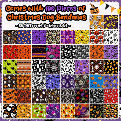 100 Paterr Pieces Dog Bandanas Bulk Halloween Pet Handkerchief Soft Dog Triangle Bibs Cute Kerchief Adjustable Washable