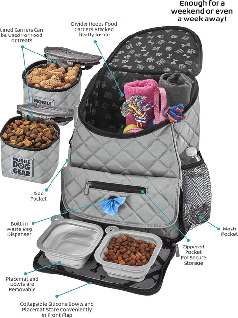 Mobile Dog Gear Travel Bag - Deluxe Quilted Weekender Backpack with Lined Food Carriers and 2 Collapsible Dog Bowls,