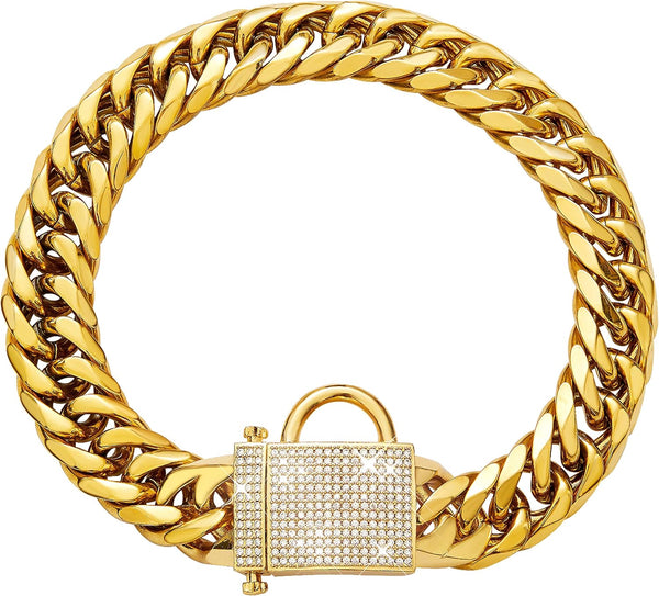 Gold Chain Dog Collar with Zirconia Locking - 18K Stainless Steel Heavy Duty Metal Puppy Bling Necklace (16mm, 14")