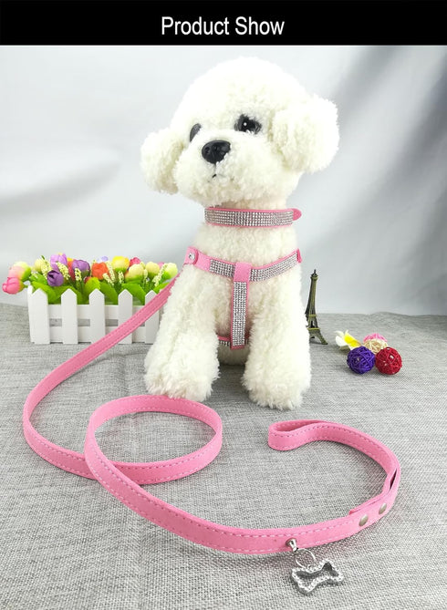 Dog Collar & Harness & Lead Sets Fashion Dog Collar Diamante with Harness & Leashes Comfortable Soft Collar Harness and Leashes Set for Dog - Pink - XS