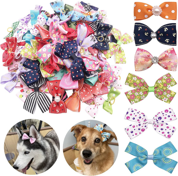PET SHOW 20Pairs Big Dog Hair Bows with Rubber Band for Small Medium Large Dogs, Pink Blue Grooming Accessories