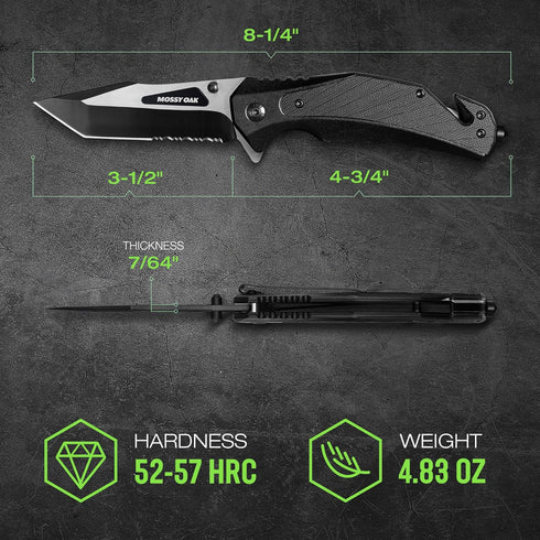 Mossy Oak Folding Pocket Knife with Aluminium Alloy & G10 Handle, 4.75" Tactical Knife with Tungsten Steel Glass Breaker, Seatbelt Cutter, Belt Clip, Survival Knife for Emergency, Outdoor, Camping by Mossy Oak