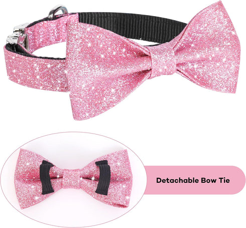 Bling Dog Bow Tie Collar for Puppy Small Dogs and Cats, Cute Pink Collar for Daily Walking or Holiday Party (Neck fit