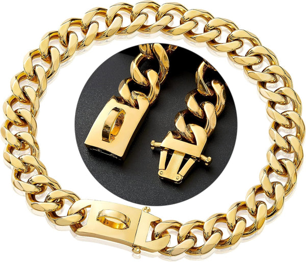 Dog Chain Collar, 19mm Snap Clasp, Stainless Steel 18K Gold Curb Chain, Pet Walking Collar (26 inches)