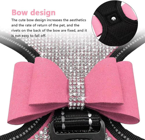 Beirui Pink Rhinestone Dog Harness - Reflective Bling Nylon Vest with Sparkly Bow Tie for Small Medium Large Dogs