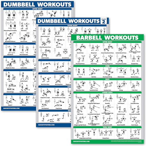 Palace Learning 3 Pack Dumbbell Workouts Posters Volume 1 & 2 with Barbell Exercises - Set of 3 Charts