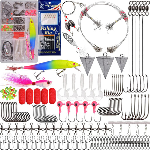 Saltwater Surf Fishing Tackle Kit - 184pcs Saltwater Fishing Gear, Lures, Bait Rigs, Crankbait, Spoon, Bucktail Jigs,