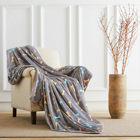 Allisandro Luxurious Dog Blanket - 350 GSM Super Fuzzy Microplush Fleece for Small Medium Large Dogs, Grey Bone