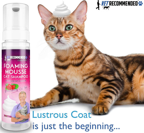 Waterless Cat Shampoo Foaming Mouse - 8 Oz/240 ml Strawberry Patch Scent - Alcohol & Detergent Free for Sensitive Skin