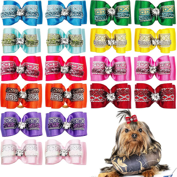 PET SHOW 20pcs/10pairs Bling Small Dogs Hair Bows with Rubber Bands for Grooming Accessories