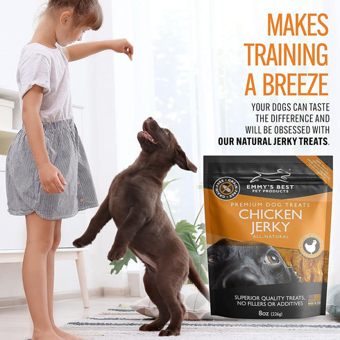 Emmy's 100% 8oz Best EBPP Chicken Jerky Dog Treats Made in USA - Natural Jerky Treats Made with Real Chicken - Grilled