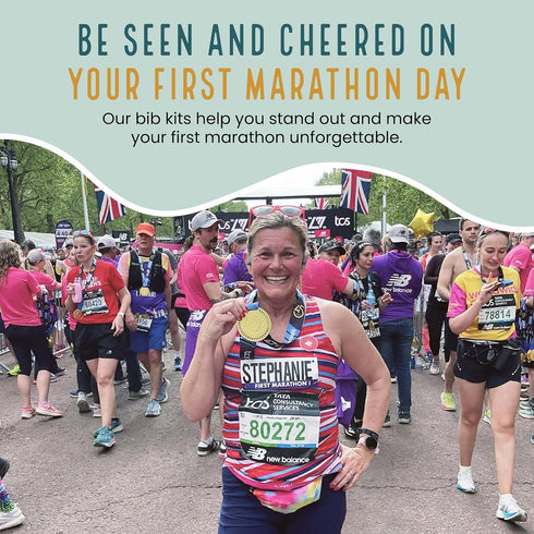 First Marathon Name Bib Kit GET PERSONALIZED CHEERS- Race Bib with Alphabet Decals & Safety Pins Add-Your-Name Running