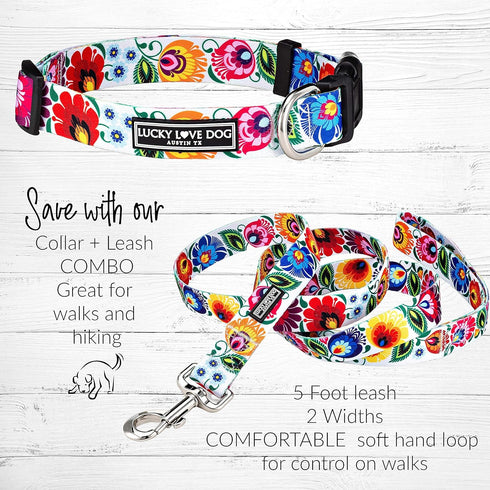 Lucky Love Dog Combo Set, Floral Collar and Leash Set for Medium Dogs, Cute Girl Matching Set, Part of Purchase Donated