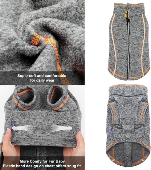 cyeollo Grey Dog Sweater Coat, Fleece Jacket with Reflective Zip Up, Dual D Ring, Warm Winter Coat for Small Dogs,