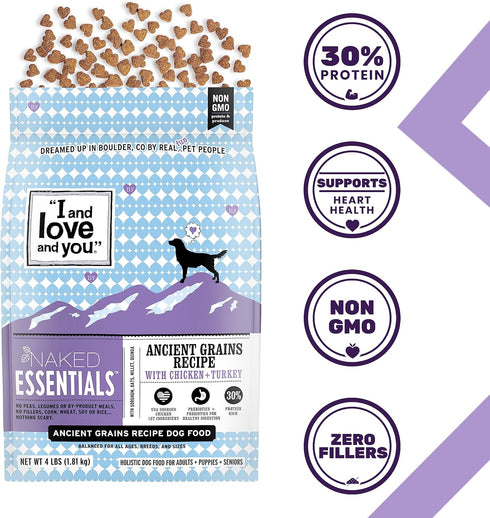 I and love and you Naked Essentials Ancient Grains Dry Dog Food - Chicken + Turkey, High Protein, 4lb Bag