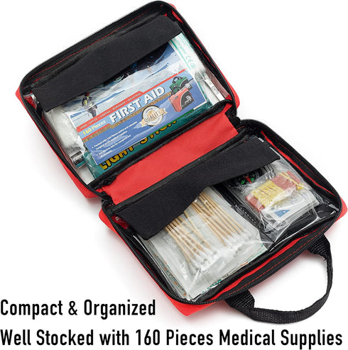 First Aid Kit - 160 Pieces Compact and Lightweight, Including Cold Pack, Emergency Blanket, Moleskin Pad for Travel,