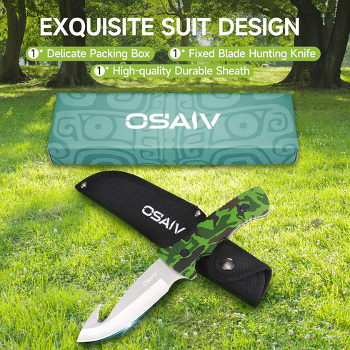 Fixed Blade Hunting Knife with Sheath,Full Tang Stainless Steel Camping Knife with Gut Hook Edge,Portable Deer Skinning Knife for Hunter,Outdoor Hunting Knives Gift for Men-Green Wooden Handle by osaiv