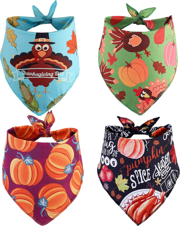 BoomBone 4 Pack Thanksgiving Dog Bandanas, Pumpkin Turkey Triangle Bibs Pet Scarf