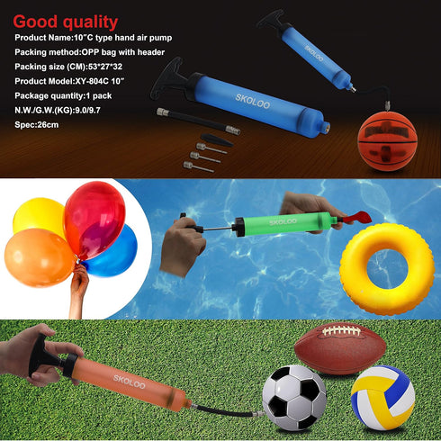 SKOLOO 10" Portable Hand Air Ball Pump Inflator Kit with Nozzle, Needle, Extension Hose for Sports Balls