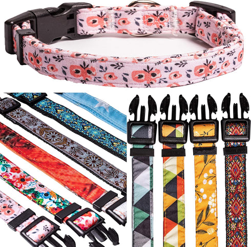 Dog Collar for Small Medium & Large Dogs - Designer Patterns on Adjustable, Strong and Durable Floral Collar
