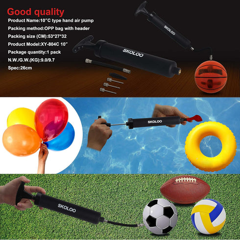 SKOLOO 10" Portable Hand Air Ball Pump Inflator Kit with Needle, Nozzle, Extension Hose for Sports Balls and Inflatables