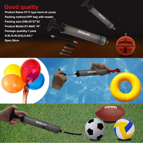 SKOLOO 10" Portable Hand Air Ball Pump Inflator Kit with Needle, Nozzle, Extension Hose for Sports Balls