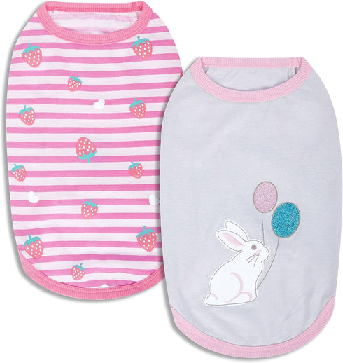 Blueberry Pet Pack of 2 Soft & Comfy Wonderland Striped Cotton Blend Dog T Shirts, Back Length 12", Clothes for Dogs