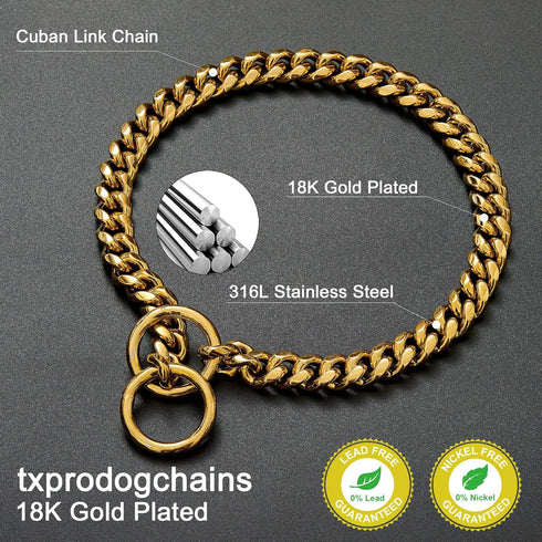txprodogchains 18K Gold Chain Dog Collar, 10MM Cuban Link Stainless Steel for Small Medium Large Dogs