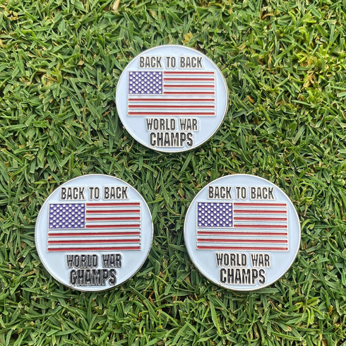 Value Pack of 3 Back to Back World War Champs Golf Ball Markers, Magnetic American Flag Golf Ball Markers