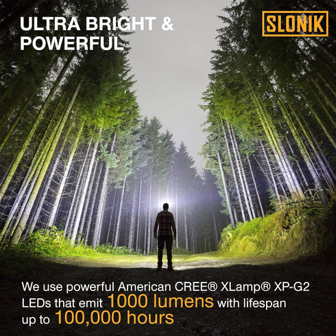 SLONIK Rechargeable Headlamp for Adults - 1000 Lumens Super Bright LED Flashlight, IPX8 Waterproof