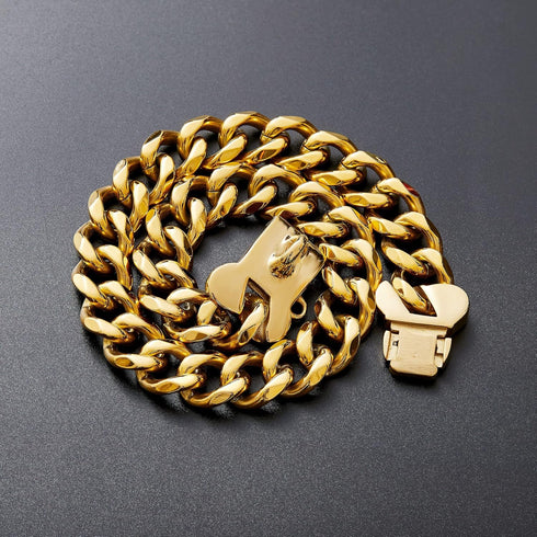 Heavy Duty Gold Chain Stainless Steel Cuban Link Dog Collar for Small Medium Large Dogs, American Bully (24")