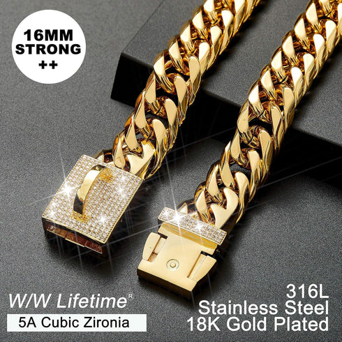 Dog Chain Collar Walking Metal Chain with Secure Buckle, Gold Cuban Link Heavy Duty for Medium Dogs (16MM, 16")