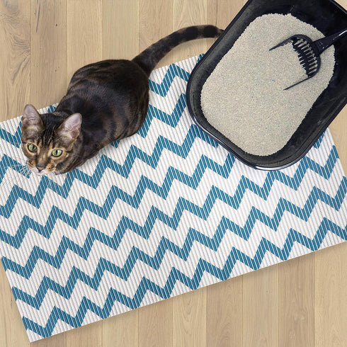 Fresh Kitty Durable XL Jumbo Foam Litter Mat - Phthalate and BPA Free, Water Resistant, Easy Clean, Chevron, Blue/White