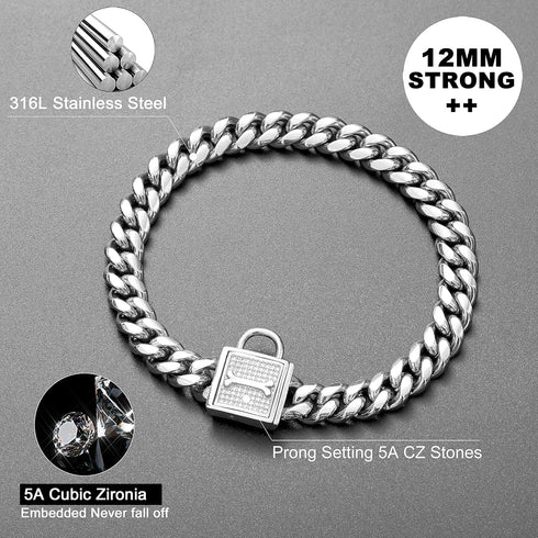 PRADOG Chain Dog Collar with Zirconia Locking 12mm High Polished Cuban Link Chain Metal Stainless Steel Luxury Dog