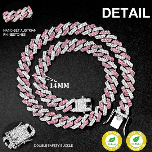 Gold Dog Chain Collar, Diamond Cuban Design, Secure Buckle for Medium Large Dogs, 18inch, Pink-Silver