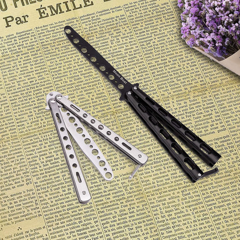 Moon Boat 2PCS Butterfly Knife Trainning Practice Comb Unsharpened Blade Black Silver by Moon Boat