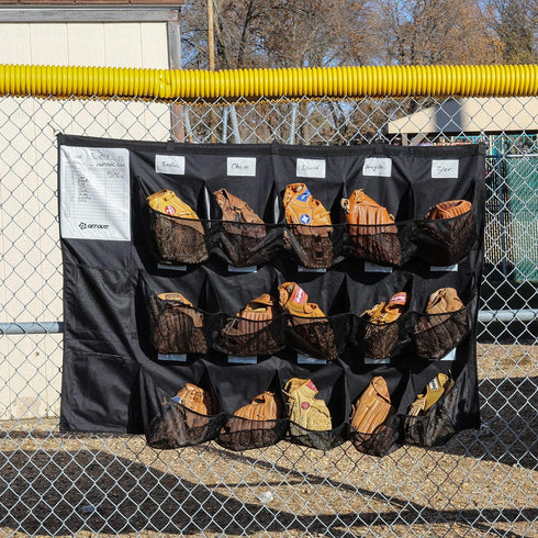Get Out! Dugout Organizer for Helmets, Gloves, Bats - 15 Pocket Baseball Coaching Accessories with 7 Hooks