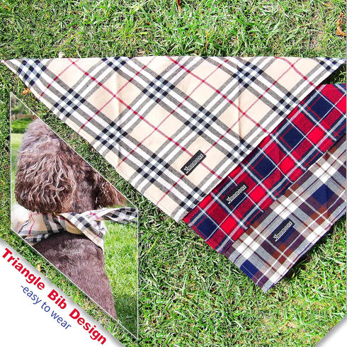 Soft Washable Plaid Bandanas for Dogs and Cats, Adjustable Triangle Bib Scarfs for Boy Girl Dogs (Brown&Blue)