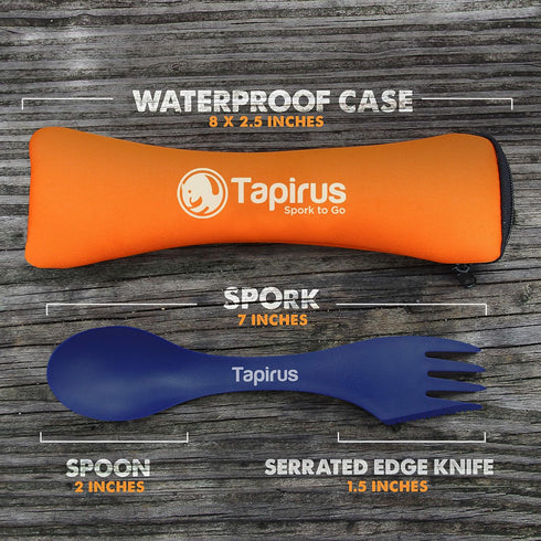 Tapirus 4 Blue Spork to Go Set, Durable BPA Free Spoon, Fork, Knife Combo Utensils for Camping in Carrying Case