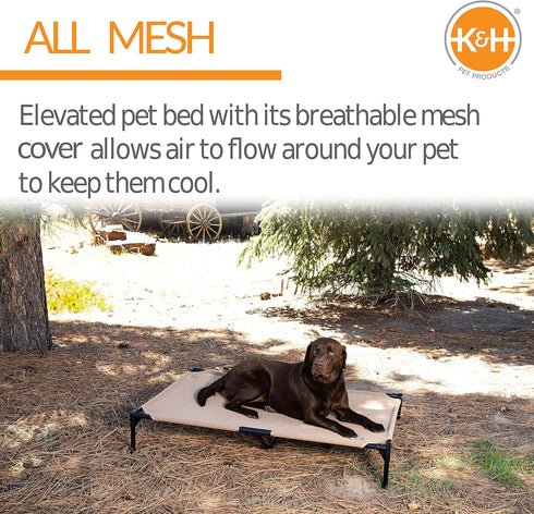 K&H Elevated Outdoor Dog Cot Bed, Raised Cooling Bed with Washable Mesh for Large Dogs, Heavy Duty Frame, Tan