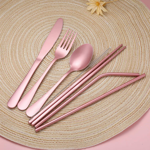 Portable Stainless Steel Flatware Set, Travel Camping Cutlery with Waterproof Case, Pink, Portable Utensil Dinnerware