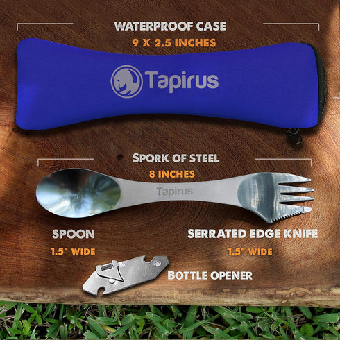 Tapirus 5 Spork Set of Steel Utensils | Durable Rust Proof Stainless Steel | Spoon, Fork, Knife, Carrying Case